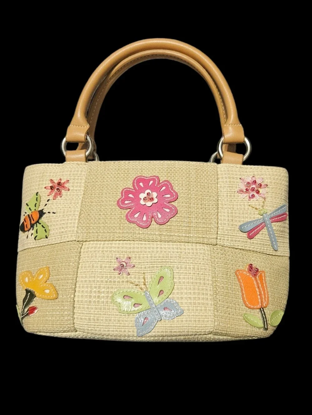 Woven Natural Straw Look Handbag Butterfly Flowers Bee Dragon Fly Beaded Accents